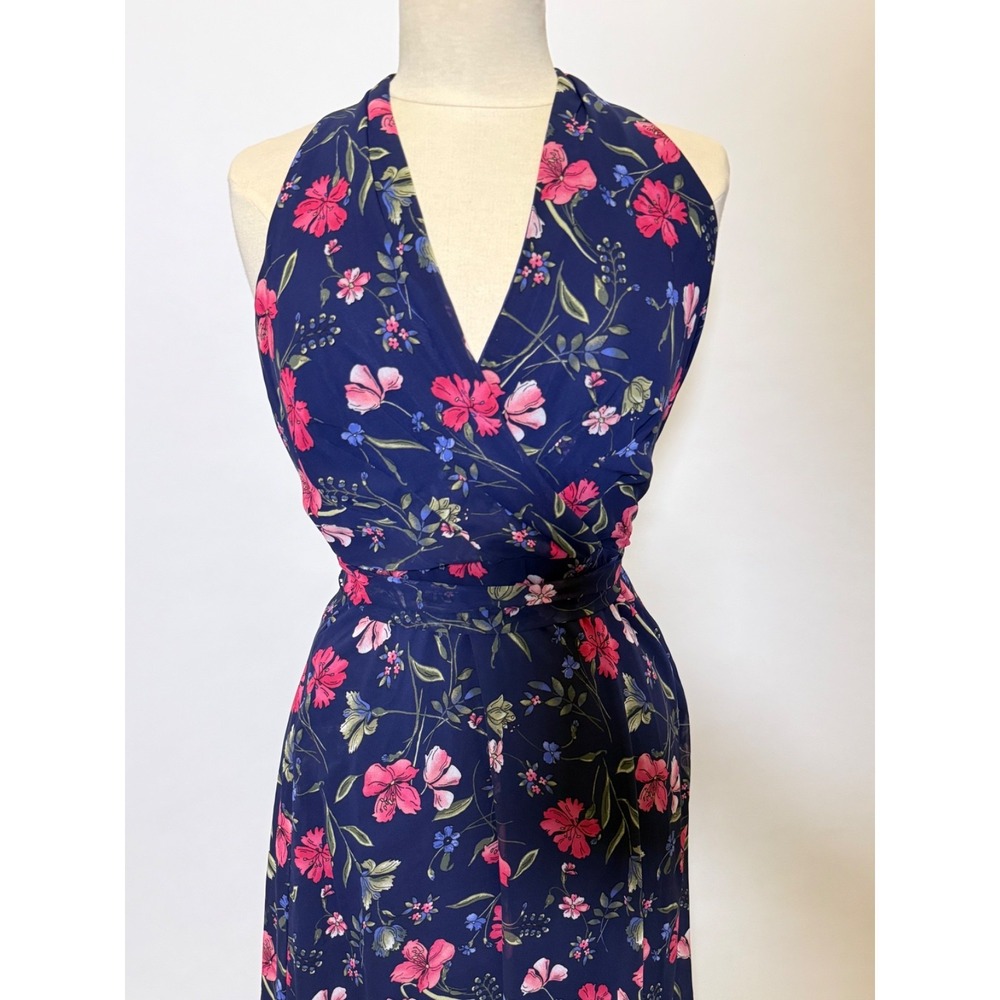 Chetta B Floral Maxi Wrap Dress Womens 6 Blue Pink Sleeveless Tie Waist